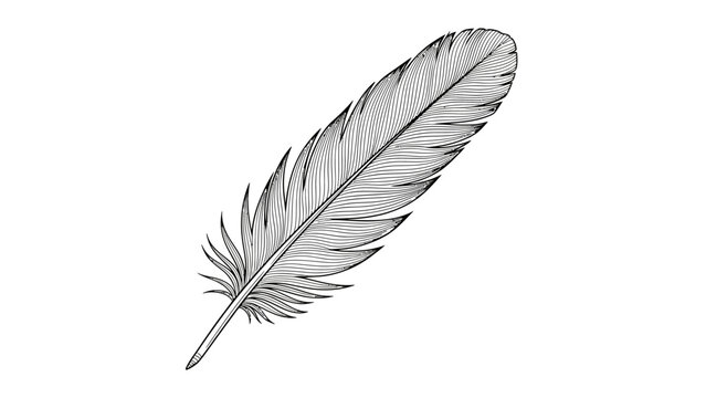Detailed black and white illustration of a single feather highlighting intricate vanes and