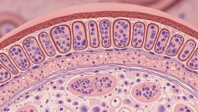 Close-up cross section of biological cells under a microscope