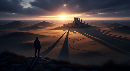 Silhouette of a person gazing at a distant ancient city at sunset