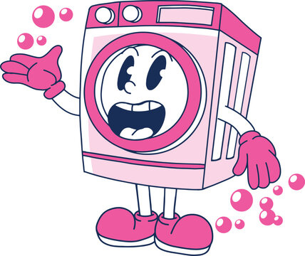 funny cartoon of washing machine character hand drawn