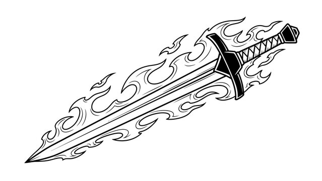 Illustration of a fantasy flaming sword with detailed hilt and fiery blade design in black and