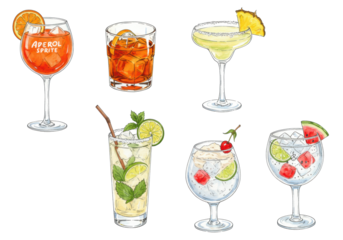 Six classic summer cocktails in detailed glassware with vibrant garnishes and condensation, top-down view on a transparent background, soft shadows, fine art watercolor illustration, elegant menu
