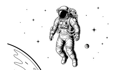 Illustration of a modern astronaut floating in space surrounded by stars and planets capturing the