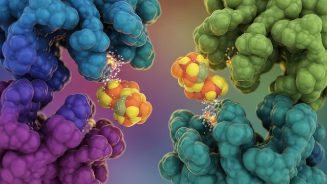 Molecular interaction between enzyme and substrate, 3d rendering