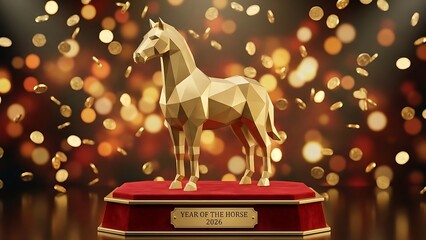 Elegant 3D rendered golden geometric horse on a red velvet pedestal, surrounded by shimmering bokeh, symbolizing Chinese New Year prosperity celebration