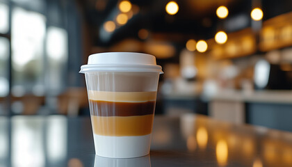 Layered Coffee Drink in Plastic Cup on Table: Creamy Coffee Beverage in Cafe Setting