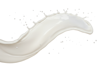 Dynamic high-speed fluid sculpture of pristine opalescent white milk/cream, elegant cresting wave with fine droplets against a transparent studio backdrop, concept for beverage advertising
