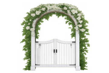 White wedding gate with floral arch and lush green foliage, creating a romantic outdoor ceremony entrance on transparent background