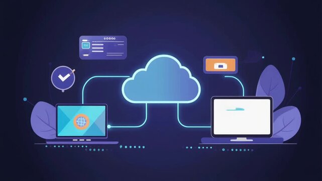 Cloud computing system connecting multiple digital devices and networks. represents data storage, internet infrastructure, online services, and modern digital technology.