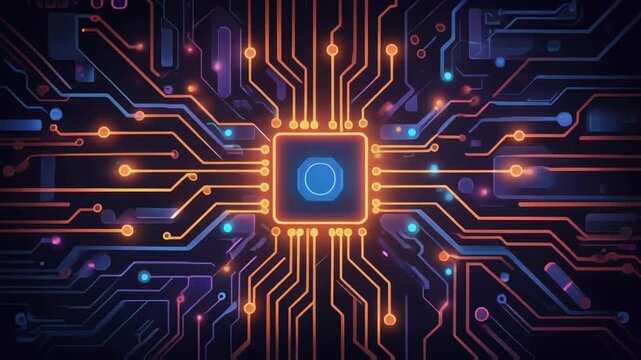 Glowing microchip surrounded by digital circuits representing modern computing technology. symbolizes processors, innovation, artificial intelligence, and high-tech systems.