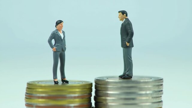 Miniature man and woman face each other standing on different coin stacks. Illustrates wage and gender inequality with light blue background.