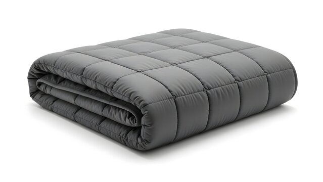 A neatly folded, grey, weighted blanket rests peacefully. It appears soft, cozy and inviting 