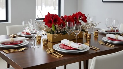 Elegant Dining Table Setting with Red Roses.