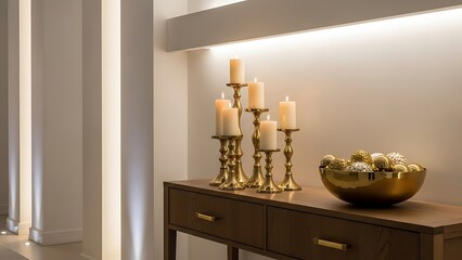 Elegant home interior with candelabras and bowl.