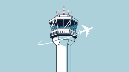 Modern airport control tower with an airplane in flight and clear sky background