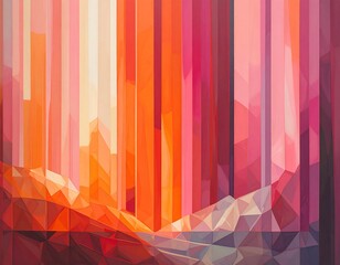 Geometric landscape with vibrant warm tones and abstract mountains. Vertical lines create a radiant sky, with triangular formations below