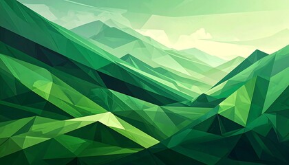 Geometric landscape with overlapping planes forming mountainous terrain, depicted in varying shades of green with a bright sky