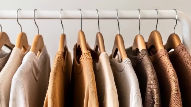 Neutral-toned shirts and tops neatly displayed on wooden hangers, hanging from a white rack. The minimalist arrangement emphasizes simplicity and modern style.