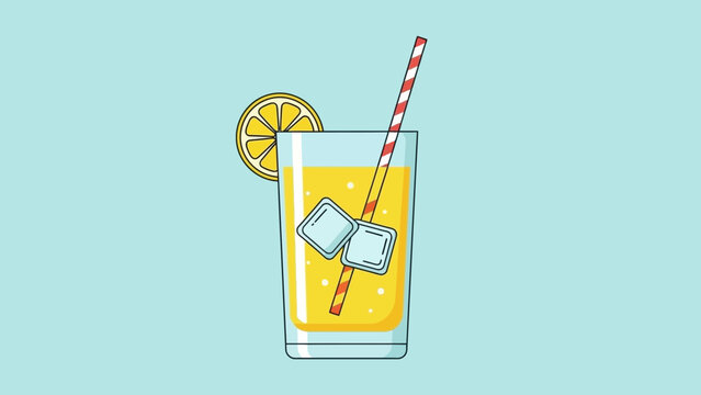 Refreshing citrus and ice-infused cold drink with lemon slice and striped straw for summer thirst