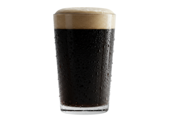 A photorealistic, perfectly chilled nonic pint glass with heavy condensation and a single drip, holding a dark stout beer with a creamy head, on a transparent background. Concept for beverage