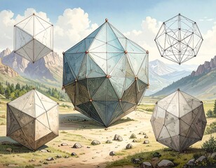 Geometric structures, rendered against a backdrop of a mountainous landscape under a sunny sky