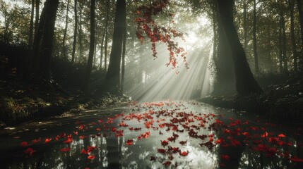 Sunbeams on a misty forest stream