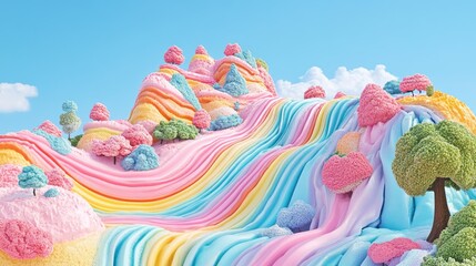 Colorful candy landscape with waterfalls and trees