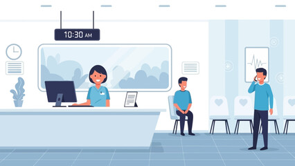 Obraz premium Modern waiting area in a healthcare facility with staff and patients during daytime hours