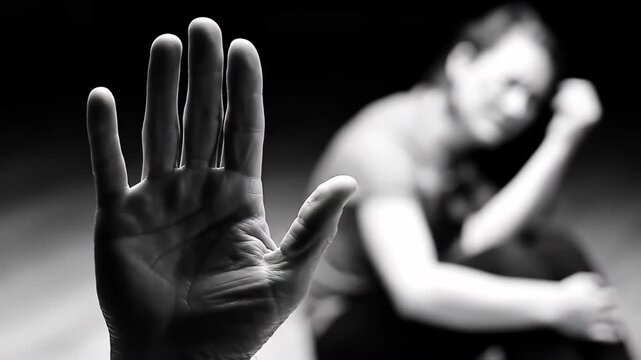 Distressed woman raises a hand in a stop gesture. Monochromatic image conveying pain, fear, and the need for help on a dark background.