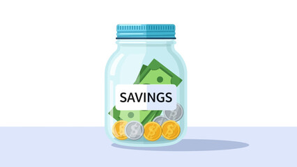 Visual representation of financial savings in a glass jar with coins and cash notes for effective