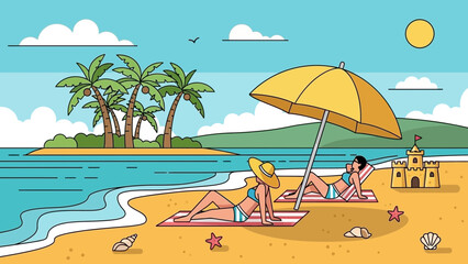 serene beach scene with sun umbrellas and relaxing visitors near palm trees and calm ocean waters