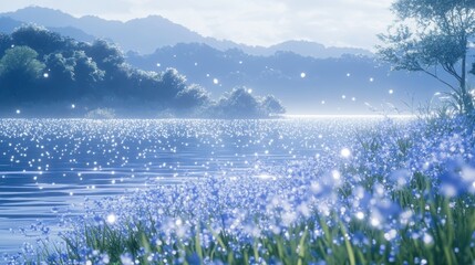 Serene lake shore with blue flowers and soft light