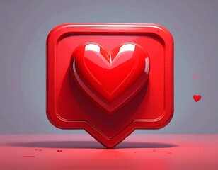 Glossy 3D rendering of a red heart inside a speech bubble, angled slightly, with a subtle backdrop