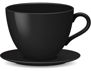Glossy, black coffee cup with a wide, rounded form, sitting on a matching saucer, against a white background
