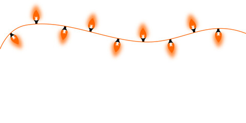 Single Wavy Strand of Orange Glowing Christmas Lights Isolated on White Background, Warm LED Festive Garland for Halloween and Holiday Decor