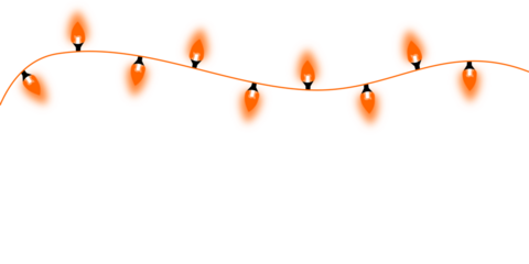 Single Wavy Strand of Orange Glowing Christmas Lights Isolated on White Background, Warm LED Festive Garland for Halloween and Holiday Decor