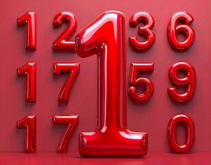 Glossy, crimson numbers arranged against a matching background. The composition includes various numerals