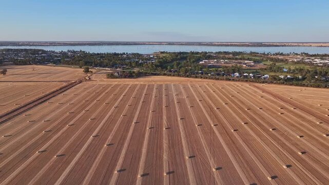 Drone view over hayfields near Yarrawonga and Silverwoods Estate