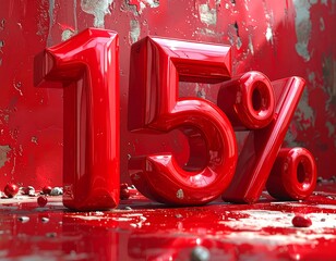 Glossy, crimson numeral figures, reading 15%, stand against a weathered, red-hued wall, with small reflective orbs scattered below