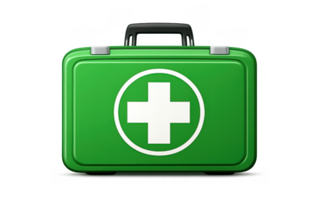 Green first aid kit with medical cross symbol on transparent background, symbolizing emergency safety and health care