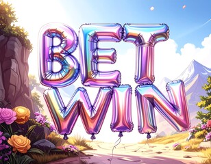 Glossy, iridescent balloons spell out "BET WIN" against a vibrant outdoor backdrop with mountains, flowers, and a sunny sky