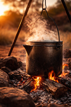 Boiling billy tea over campfire at sunrise in the Australian outback
