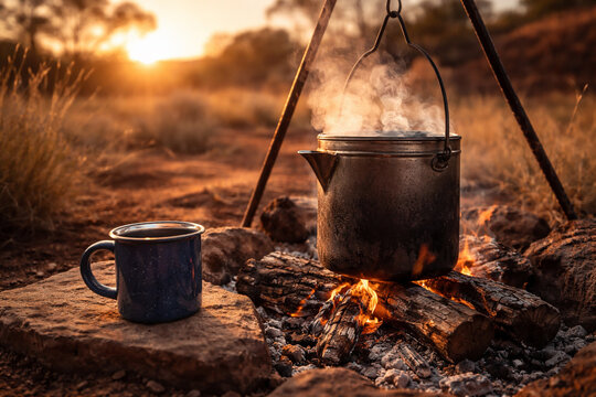Boiling billy tea over campfire at sunrise in the Australian outback