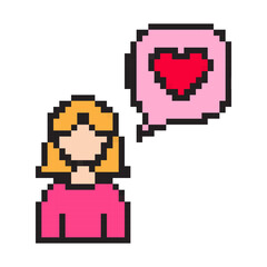 Fototapeta premium Pixel art woman with heart message icon for Valentine’s Day. Cute 8-bit female avatar with love chat bubble symbol for romance, dating, message, greeting card, app, game, and Valentine design projects