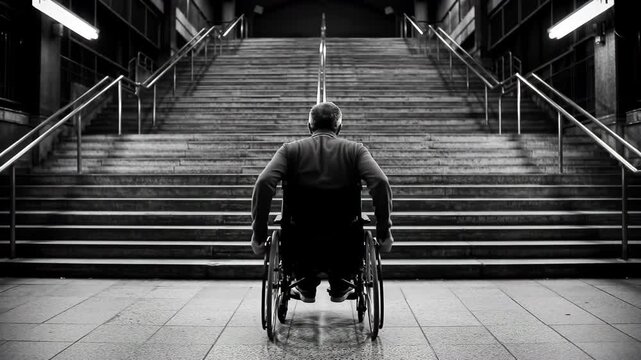 Monochrome back view of person in wheelchair facing staircase. Tile flooring and metal railings in a public space enhance urban architecture.