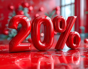 Glossy red numerals display 20% on a reflective surface, offering a holiday promotion. Background shows ornaments and window