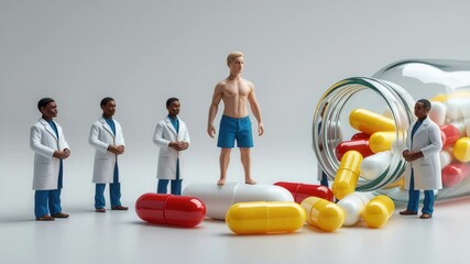 Man stands on an oversized pill while medical figures in white coats surround him among spilled capsules and a tipped pill bottle, conveying themes of treatment, medication decisions, dependency, and 