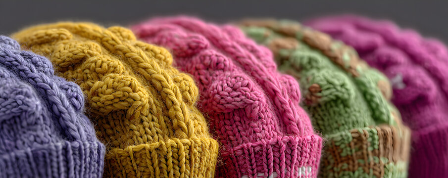 Five colorful knitted brains representing mental health awareness