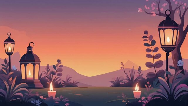 A sunset landscape with rolling hills and glowing sky, warm gradients and simple shapes forming a peaceful illustration that emphasizes calm and open space.