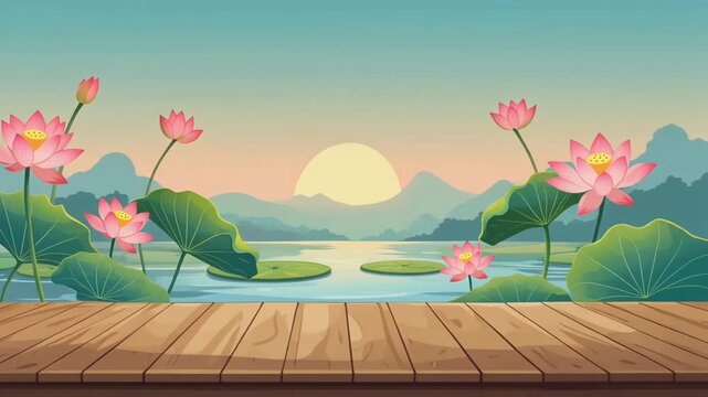 A tranquil lakeside scene with lotus flowers, distant hills, and a rising sun, illustrated in soft colors to convey peace and balance in nature.